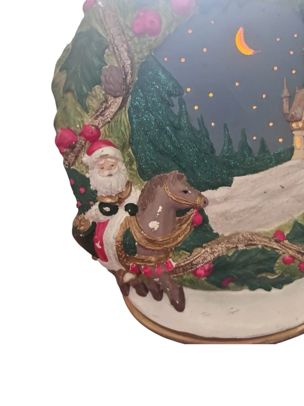 Ceramic Wreath Lighted North Pole Winter scene with a hand-painted Santa Claus